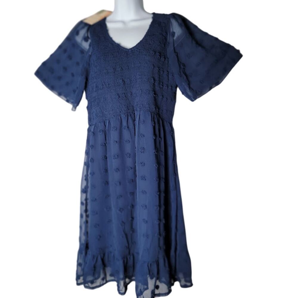 BTFBM Navy Swiss Dot Chiffon Dress NWT Smocked Bodice Flutter Sleeve Holiday L‎